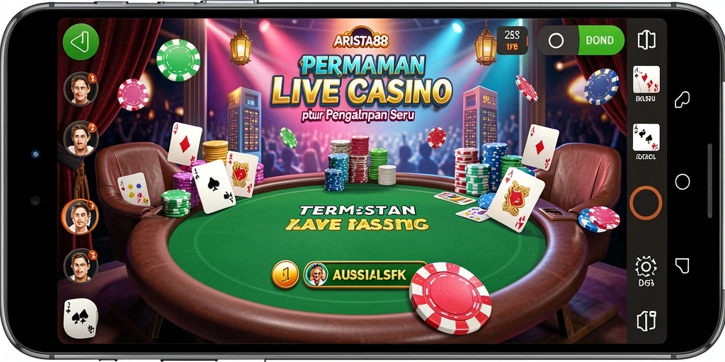 Screenshot gameplay ARISTA88 yang menampilkan dealer langsung dan suasana kasino.