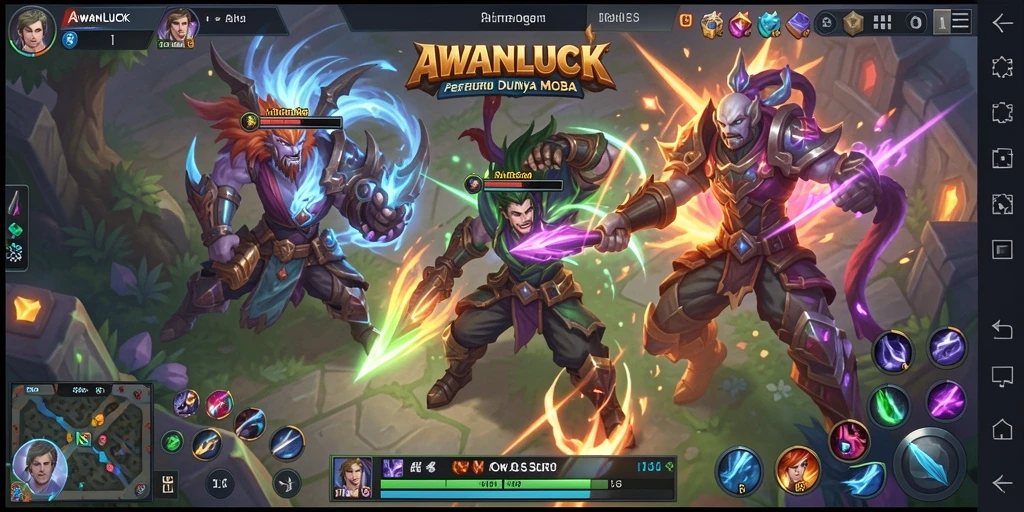 Tangkapan layar gameplay seru dari AWANLUCK yang menggambarkan aksi MOBA.