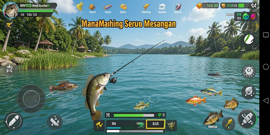 Tampilan gameplay BENTO123 saat menangkap ikan di danau.