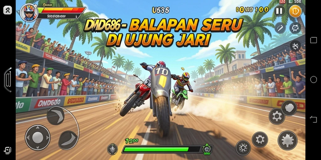 Screenshot gameplay DMD686 menampilkan aksi balap yang mendebarkan.