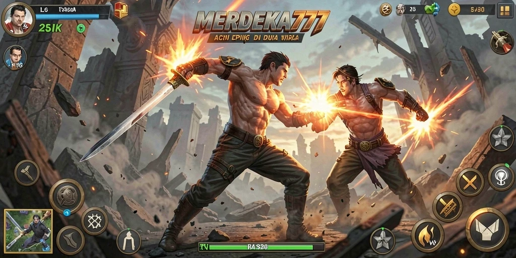 Screenshot permainan MERDEKA777 yang menunjukkan aksi seru dalam pertempuran.