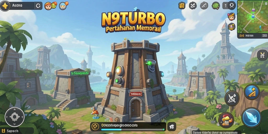 Tampilan gameplay N9TURBO dengan menara pertahanan yang berwarna-warni.