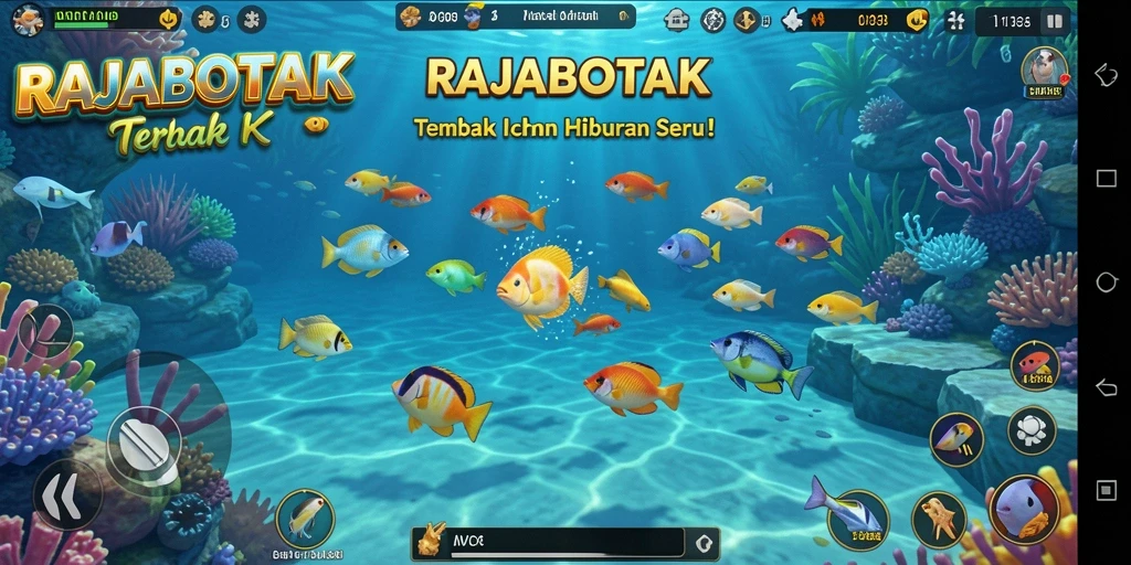 Screenshot RAJABOTAK menunjukkan aksi seru menembak ikan di bawah laut.